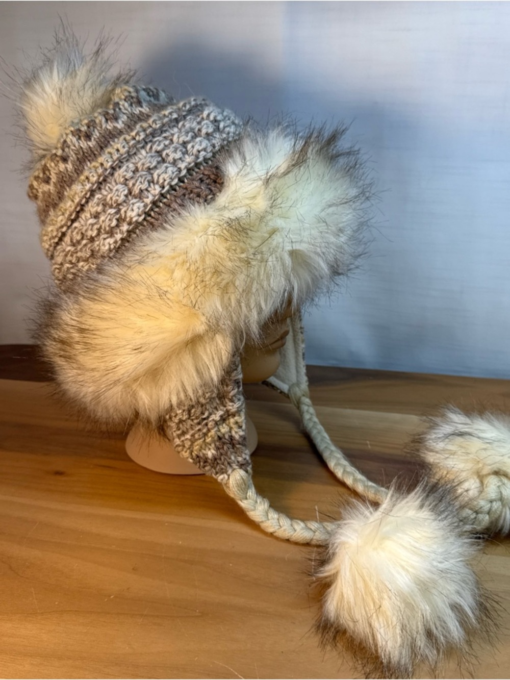 Village House Faux Fur Hat Wool Blend Gray Beanie Pom Pom One Size Poland Winter